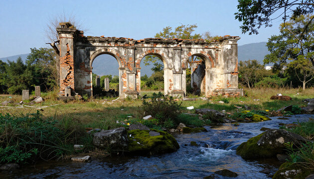 Ancient Arched Ruins Over a Flowing Stream in Lush Landscape