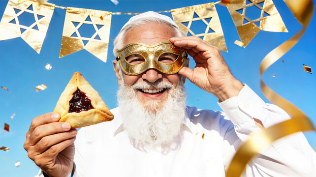 A happy elderly Jewish man in traditional Jewish clothing, holds a triangular hamantaschen cookie and a golden mask on blue sky background. Celebration of Purim holiday