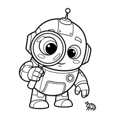 Fototapeta premium Cute robot character exploring with a magnifying glass, black and white outline for coloring funny turtle cartoon
