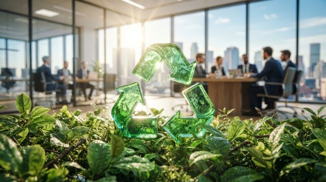 Corporate team discusses strategy for future growth near a green recycle symbol and plants in a sunlit office.