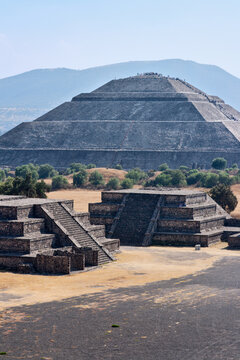Scene featuring pyramid of the Sun. Teotihuacan. Mexico. View from the Pyramid of the Moon, featuring ruins