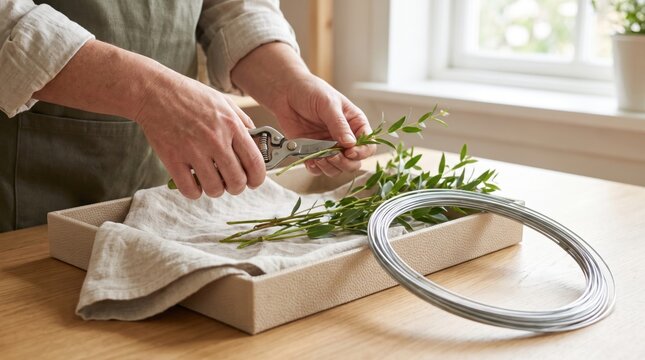Hands cutting green eucalyptus sprigs with secateurs near a roll of wire on a tray