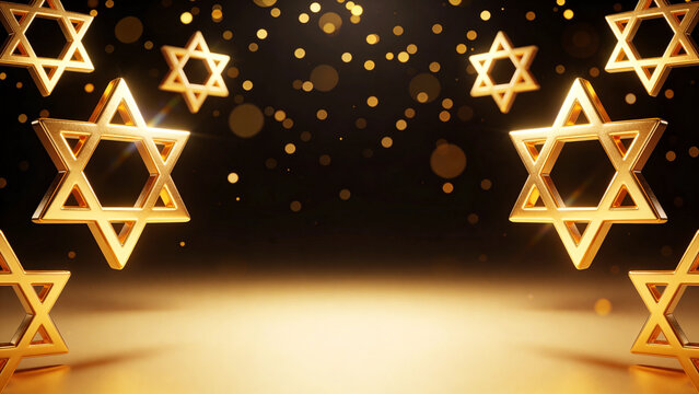 Golden Star of David symbols against a black background with, creating a vibrant visual effect for religious or cultural themes Jewish with space for text