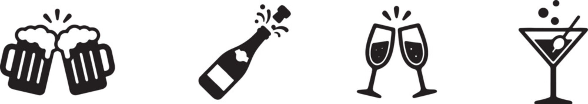 Celebration drinks and cheers beverage icons with celebration, beverage