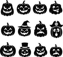 Obraz premium Pumpkin Silhouettes With Various Expressions Black On White Background