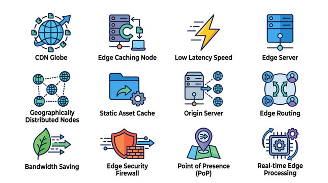 Edge Computing and Content Delivery Network Technology Infrastructure Vector Icons