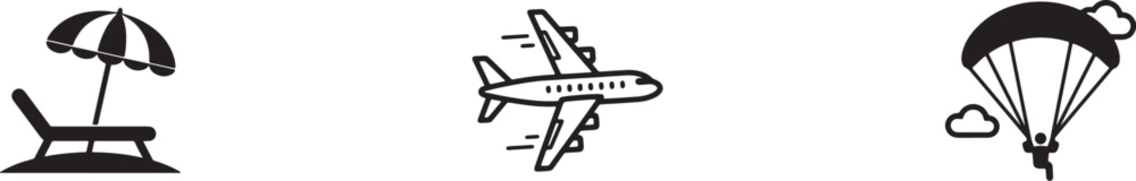 Travel and adventure icon set featuring lounge chair airplane and parachute