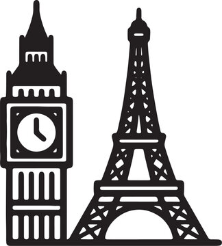 Icon set of famous landmark silhouettes featuring london and paris architecture