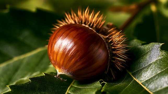 Brown chestnut with green leaves
