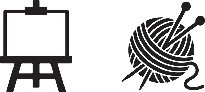 Creative hobbies icon set featuring easel painting and yarn knitting, painting