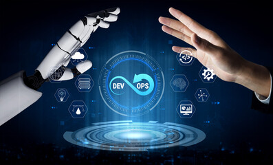 Obraz na płótnie Canvas Futuristic Collaboration Between Human Hand and Robotic Arm in DevOps Concept Depicting Technology and Innovation in Modern Business Environment Quark.
