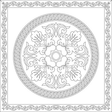Ornate classical square ceiling rose or mosaic medallion outline featuring a central acanthus leaf rosette, circular braided rope border, and scrollwork frame.