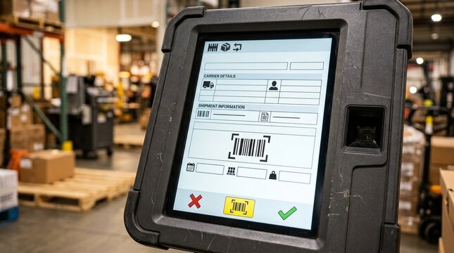Cross-dock kiosk touchscreen displaying an inbound freight scan form close-up shot - Freight and Warehouse Stock Photo