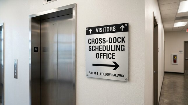 Elevator lobby signage directing visitors toward the cross-dock scheduling office close-up shot - Office Interior Stock Photo