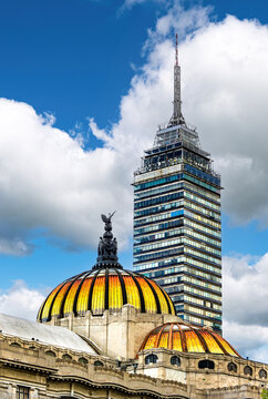 Two Mexico City landmarks: Palace of Fine Arts and Latin American Tower on a sunny day.