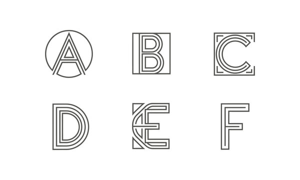 Stylized decorative alphabet letters A through F.