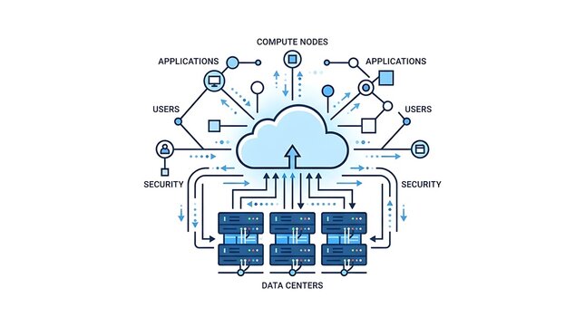 Technical diagram showing cloud computing infrastructure architecture with server racks and data flow connectivity for enterprise business systems