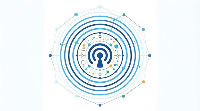 Abstract digital background with concentric circles and central wifi signal icon representing global wireless communication technology