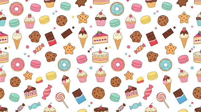 Seamless pattern with various sweet desserts including donuts cupcakes chocolate bars cookies and ice cream cones