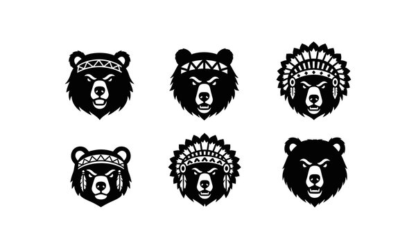 Tribal bear head logos with Native American headdresses.