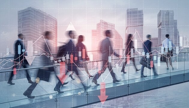 Blurred business professionals crossing a bridge with multiple red downward arrows signaling economic decline.
