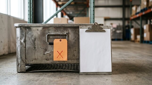 Rejected freight bin resting beside a printed rejection reason checklist close-up shot - Freight and Warehouse Stock Photo