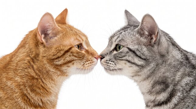 cat cats feline felines ginger orange tabby grey gray silver striped cute adorable sweet friendly nose noses touching kissing greeting together pair two animals domestic mammal