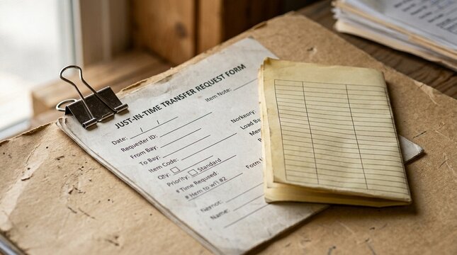 Just-in-time transfer request form clipped beside a folded bay availability list close-up shot - Business and Office Stock Photo