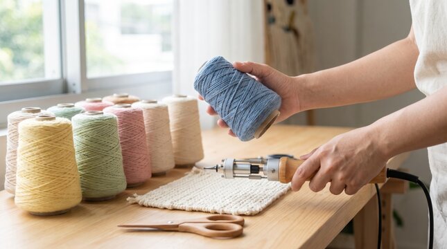 Person holding a blue yarn spool near a tufting gun on a wooden desk