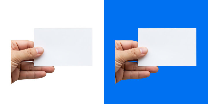 Hand holding a blank white business card for design template transparent png