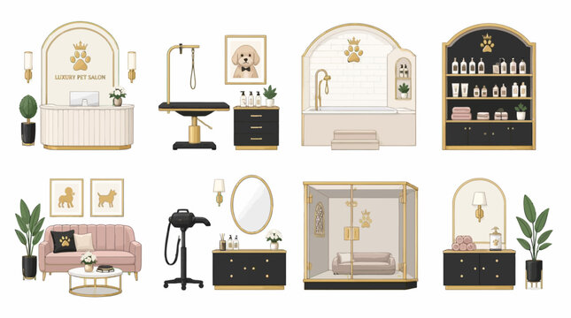Modern pet grooming salon and spa interior scenes.