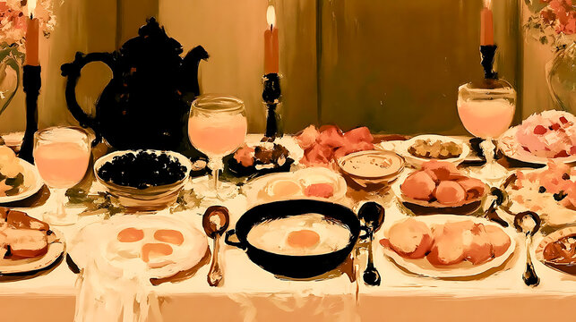 Painterly still life of an abundant breakfast banquet with eggs, bread, fruit, drinks, candles, and elegant tableware.