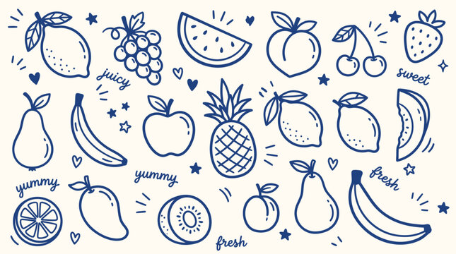 Sweet fruit doodle bundle with lemon pineapple watermelon cherries pear mango kiwi and playful hand lettered words