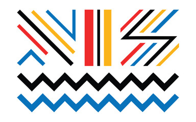 Fototapeta premium Abstract geometric background featuring colorful diagonal, vertical and zigzag line elements on a clean white background. 