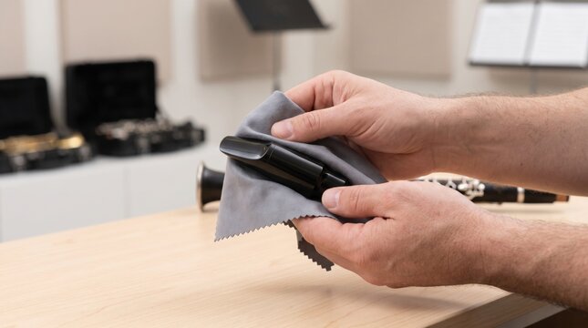 Musician hands cleaning a black clarinet mouthpiece with a gray microfiber cloth