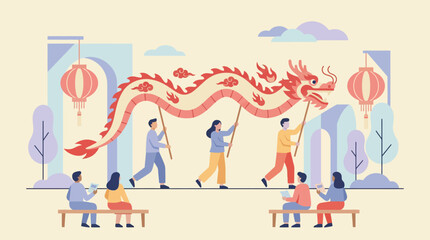 Chinese New Year festive dragon dance celebration performance.