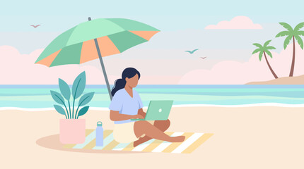 Fototapeta premium Woman working on laptop while sitting on the beach.
