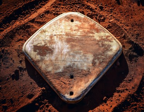 dirt covered baseball home plate with a worn out surface and cracks