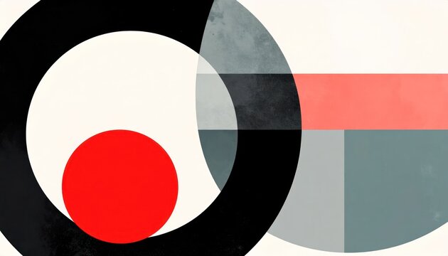 Abstract geometric artwork with bold circles and rectangular shapes.