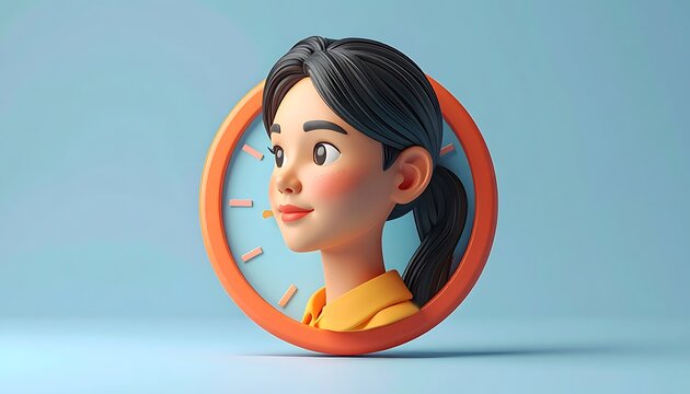 Stylized pixelated profile portrait of a young woman's face, framed by a simple clock face, suggesting time management and identity, soft blue background