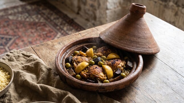 Traditional Moroccan chicken tagine with preserved lemons olives and couscous