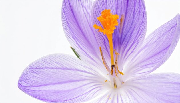 Macro purple crocus flower showing detailed yellow stamen.