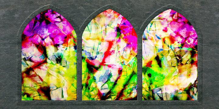 bold color abstract beyond three gothic arches - contrast of wild contemporary art and reserved formal wall