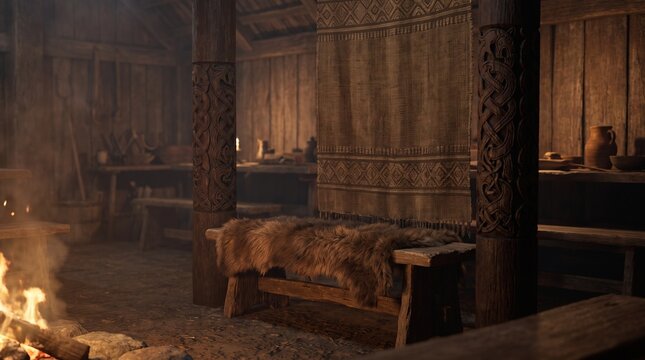 A rustic and dimly lit interior of a Viking longhouse, featuring wooden furnishings, a warm fire, and decorative carvings. The atmosphere is evocative of ancient times and traditional living