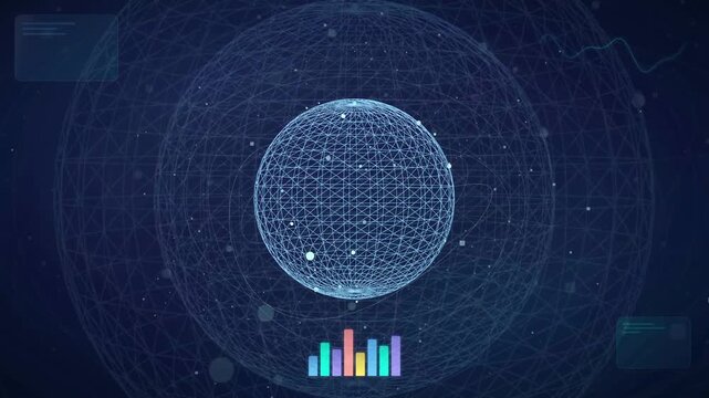 Futuristic Wireframe Globe Rotating with Digital Data Network and Holographic Interface