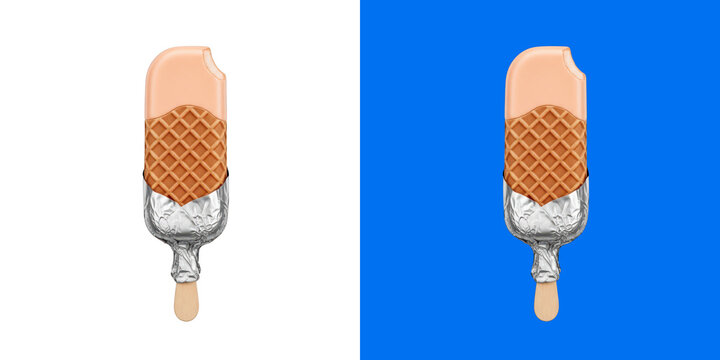 Bitten peach ice cream bar with wafer shell and foil wrapper transparent png