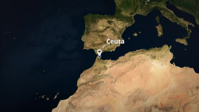 Earth globe zoom animation descending to Ceuta, Spain, featuring a white location pin, concentric circle highlight, and typography for a travel and news-style graphic template.

