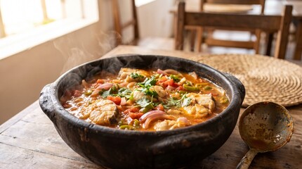 Fototapeta premium Steaming Brazilian fish stew moqueca boiling in a black clay pot