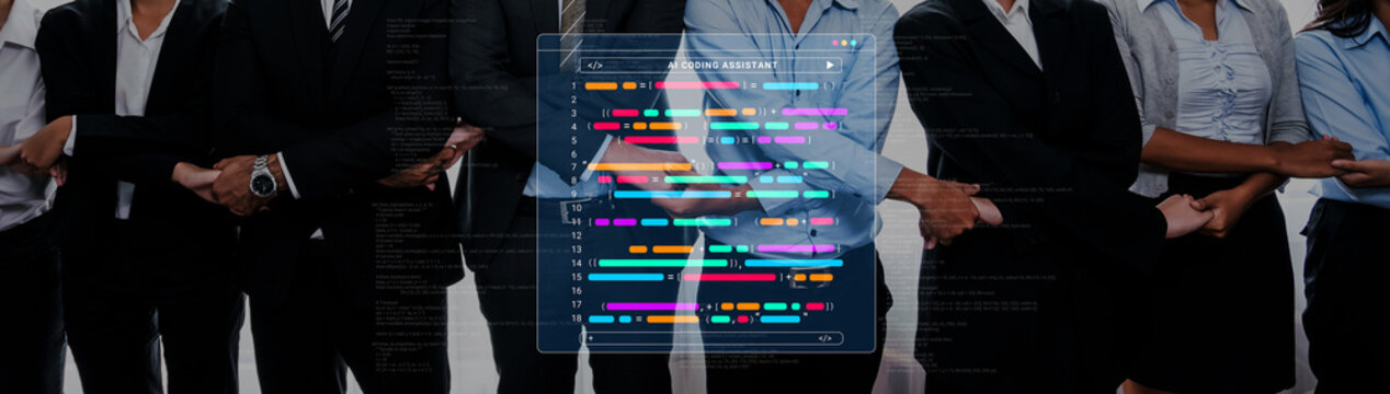 A diverse group of professionals stands together, showcasing a modern business environment. An overlay of data visualization reflects technology and collaboration in action. Cyphers
