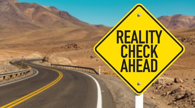 Reality check ahead warning sign on a desert mountain road